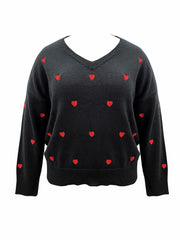 Heart Print Drop Shoulder V Neck Sweater