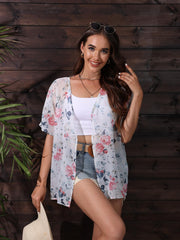 Floral Print Batwing Sleeve Kimono Cardigan Semi Sheer Chiffon Coverup