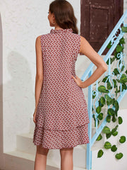 Abstract Print Layered Dress Tie Front Casual Dress Women's Clothing
