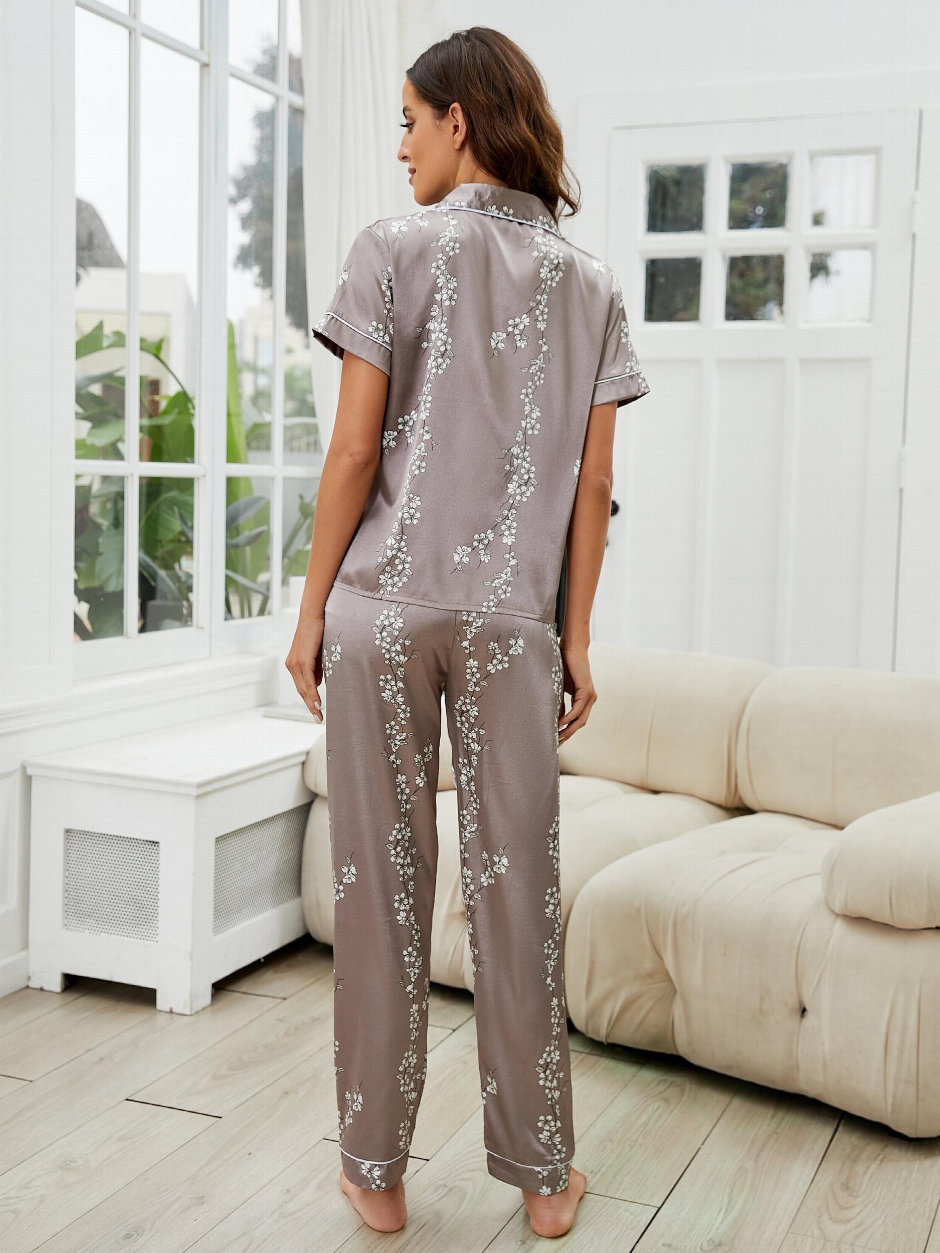 Women's Floral Print Pajama Set Short Sleeve Button Up Top & Pants