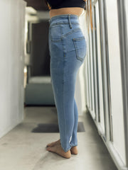 High Stretch Skinny Jeans Faux Pearl Decor Slim Fit Split Denim Pants