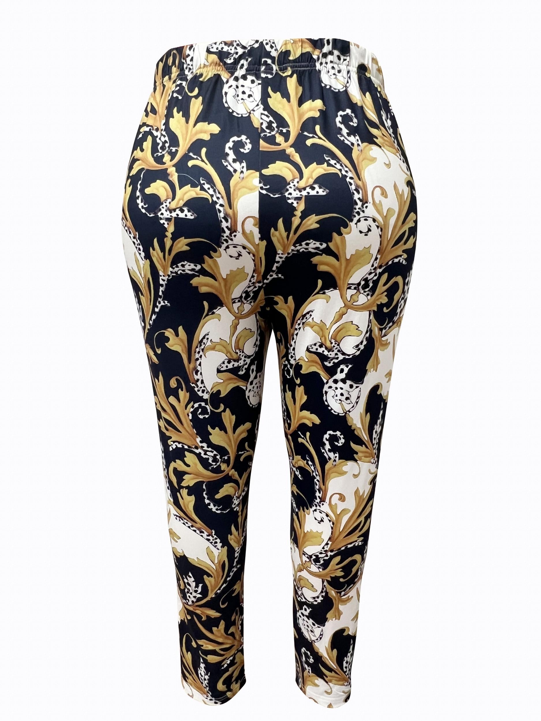 Boho Leggings Women's Plus Baroque Print Elastic High Rise Leggings