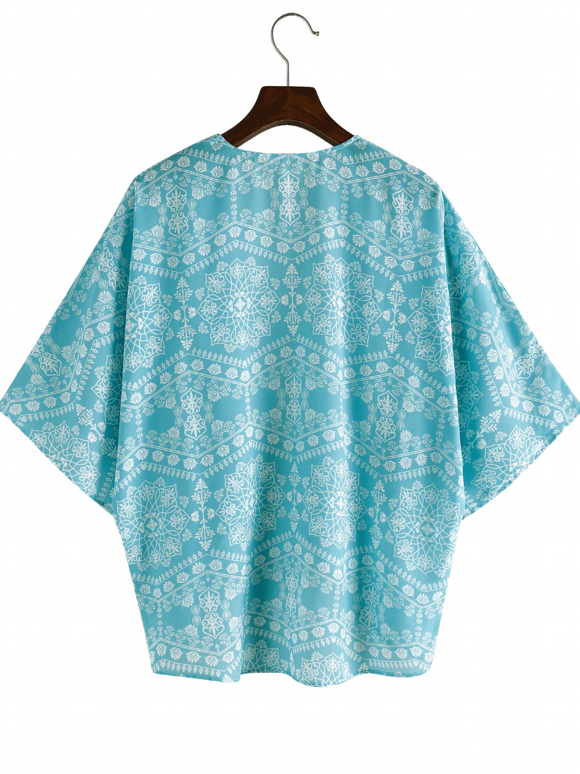 Floral Print Cover Up Shirt Long Sleeves Loose Fit V Neck Semi Sheer Kimono