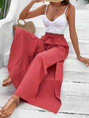 Solid Slit Wide Leg Pants Casual Drawstring Elastic Waist