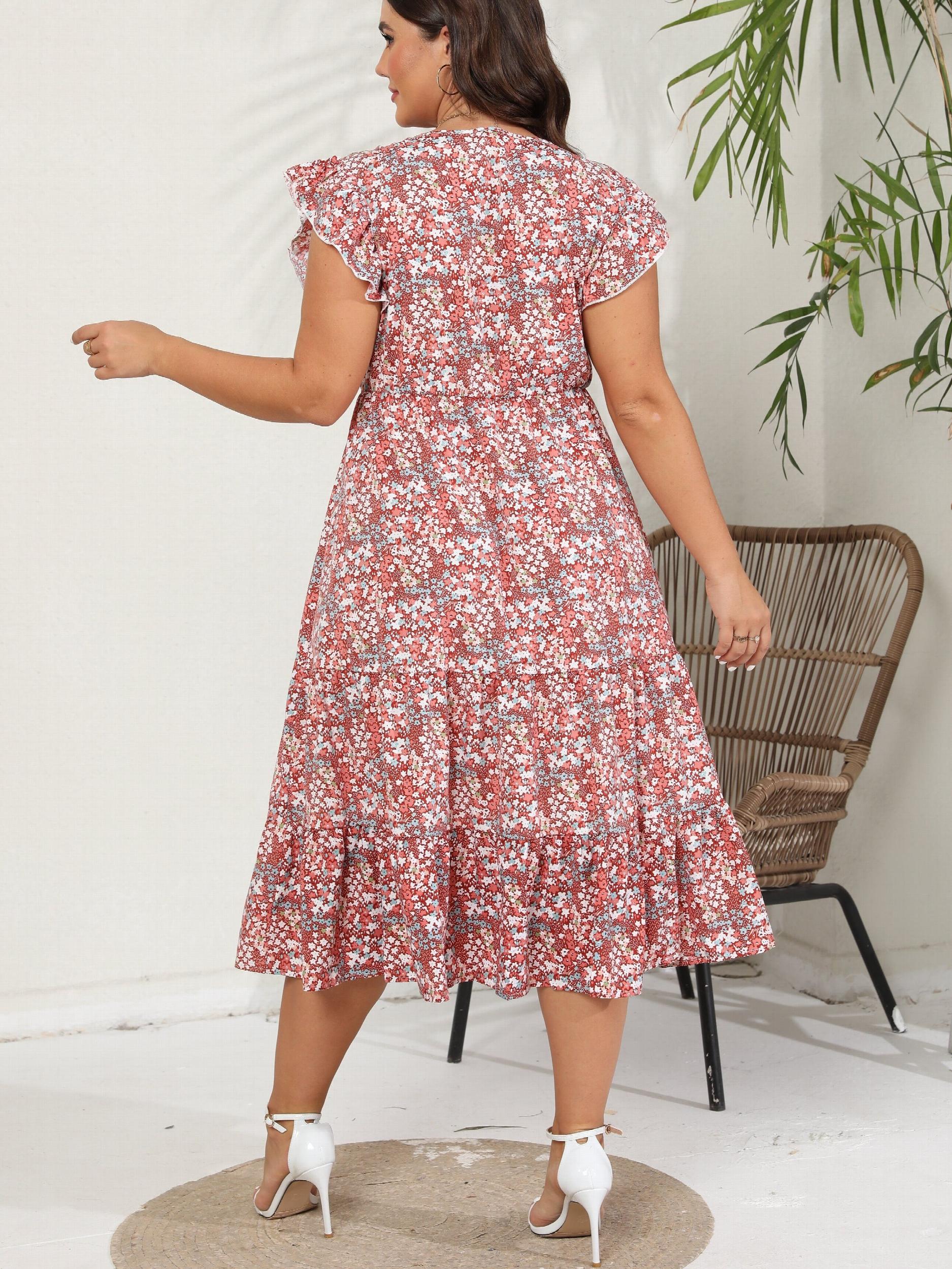 Ditsy Print Ruffle Sleeve V Neck Midi Dress