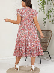 Ditsy Print Ruffle Sleeve V Neck Midi Dress