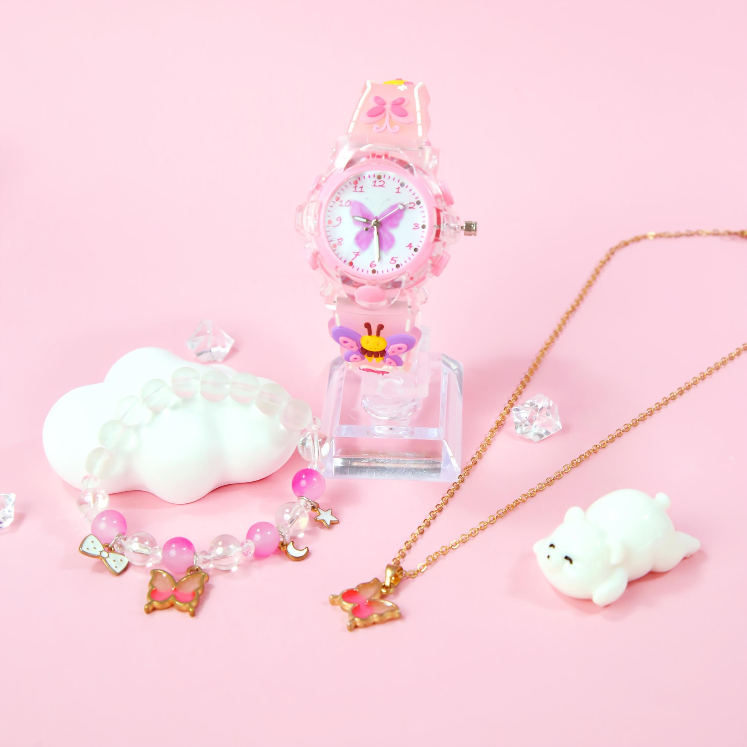 3pcs Quartz Watch Set Sweet Style with LED Glow Silicone Strap 3D Butterfly