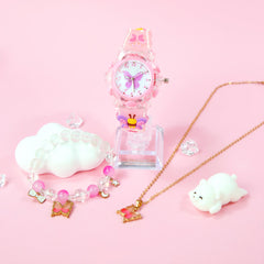 3pcs Quartz Watch Set Sweet Style with LED Glow Silicone Strap 3D Butterfly