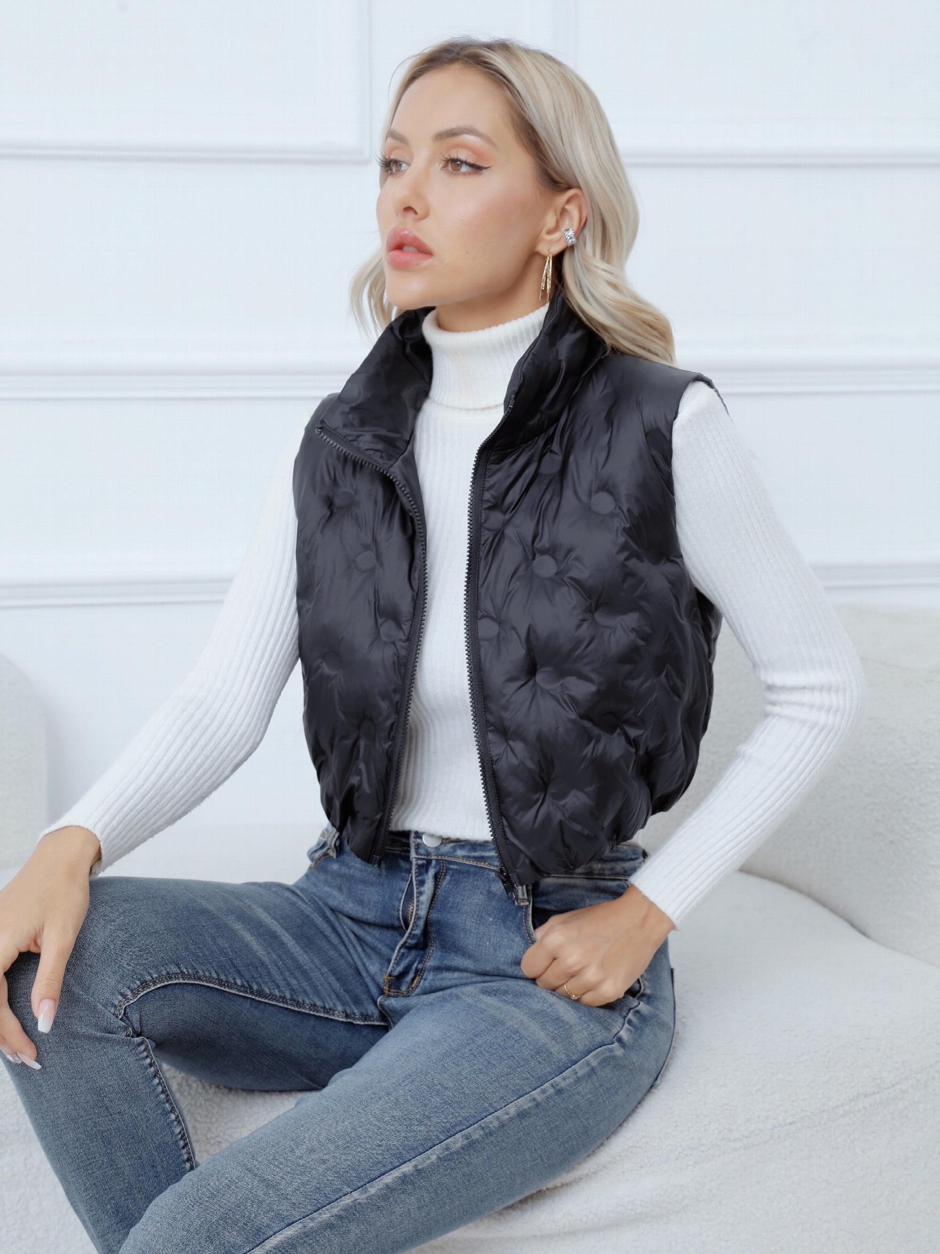 Solid Zip Up Vest Sleeveless High Neck Women's Clothing