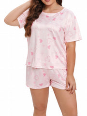 Plus Size Heart Print Pajama Set Short Sleeve Round Neck Top & Shorts
