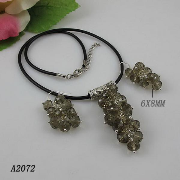 Black Leather Crystal Beads Grape Necklace and Earrings Set