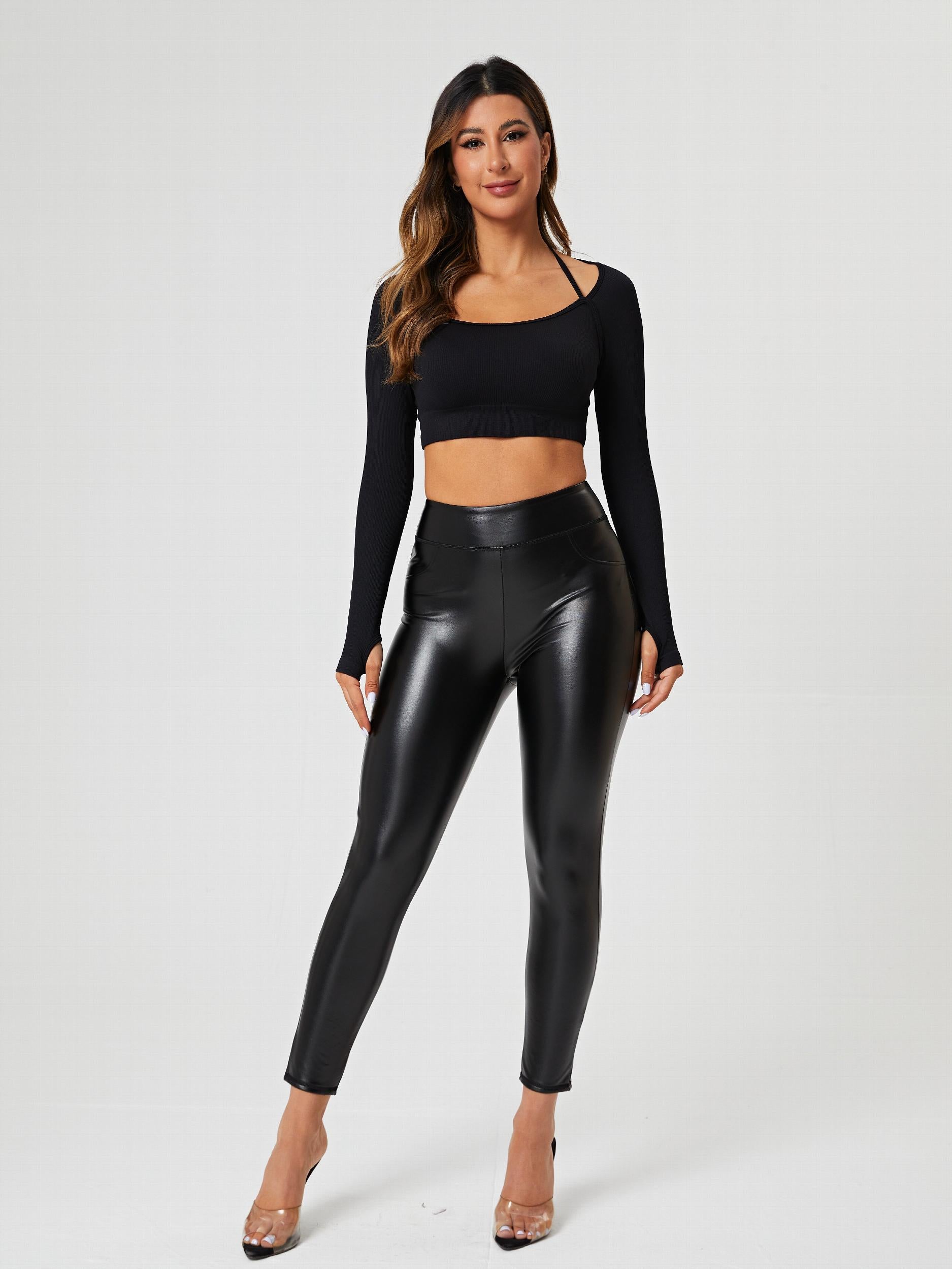Faux Leather Fleece Lined Yoga Pants Stretch Leggings