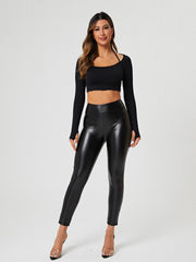 Faux Leather Fleece Lined Yoga Pants Stretch Leggings