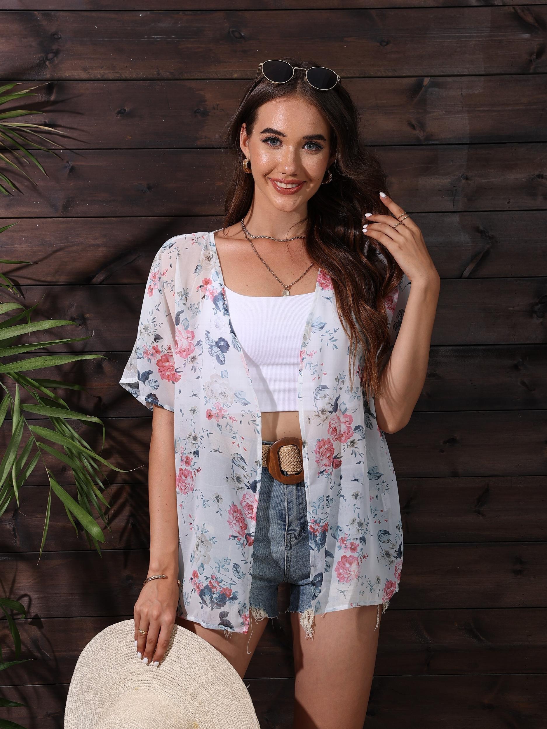 Floral Print Batwing Sleeve Kimono Cardigan Semi Sheer Chiffon Coverup