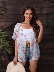 Floral Print Batwing Sleeve Kimono Cardigan Semi Sheer Chiffon Coverup