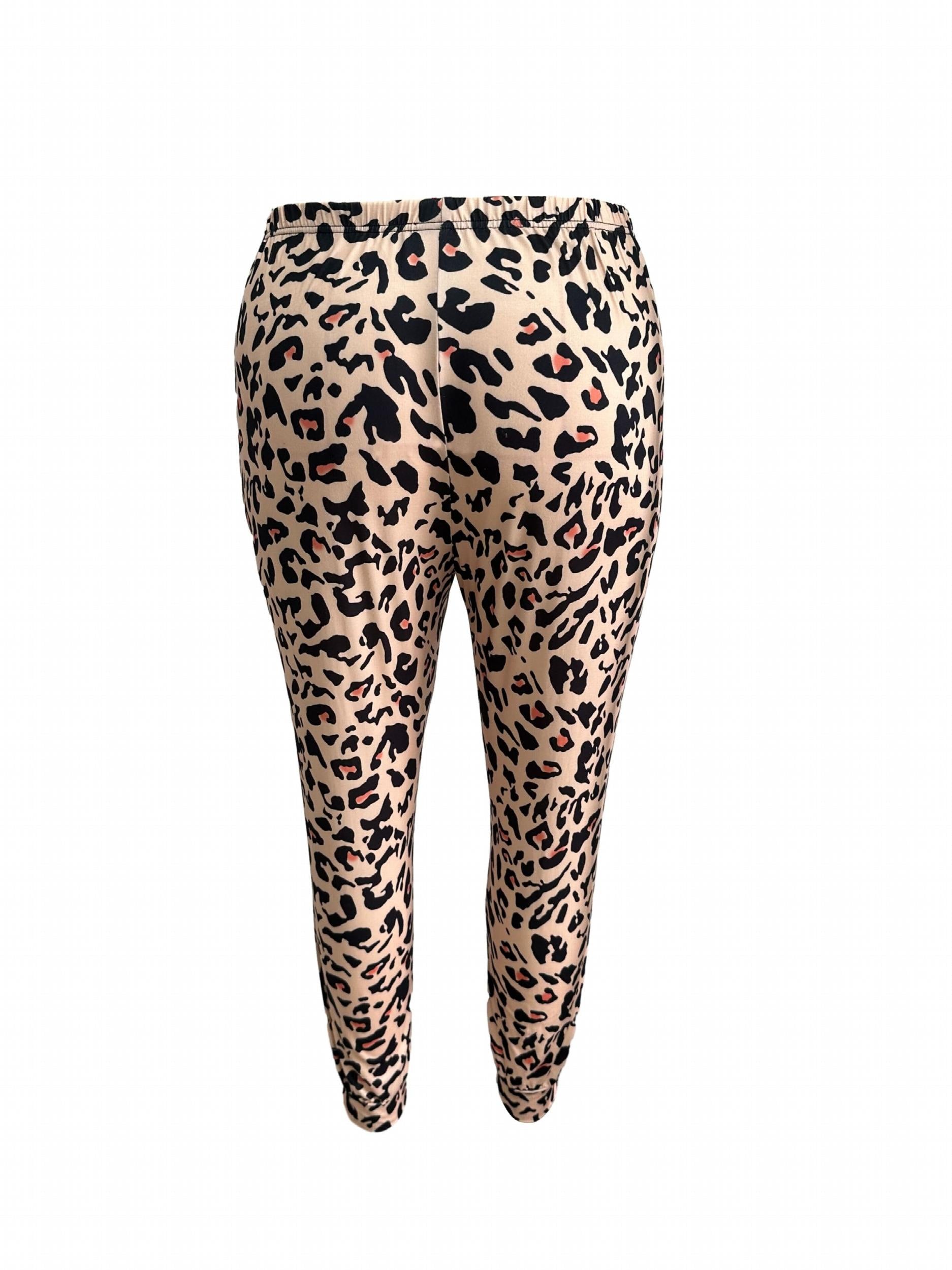 Leopard Print Plus Size Loungewear Set Long Sleeve Tee & Pants Pajama