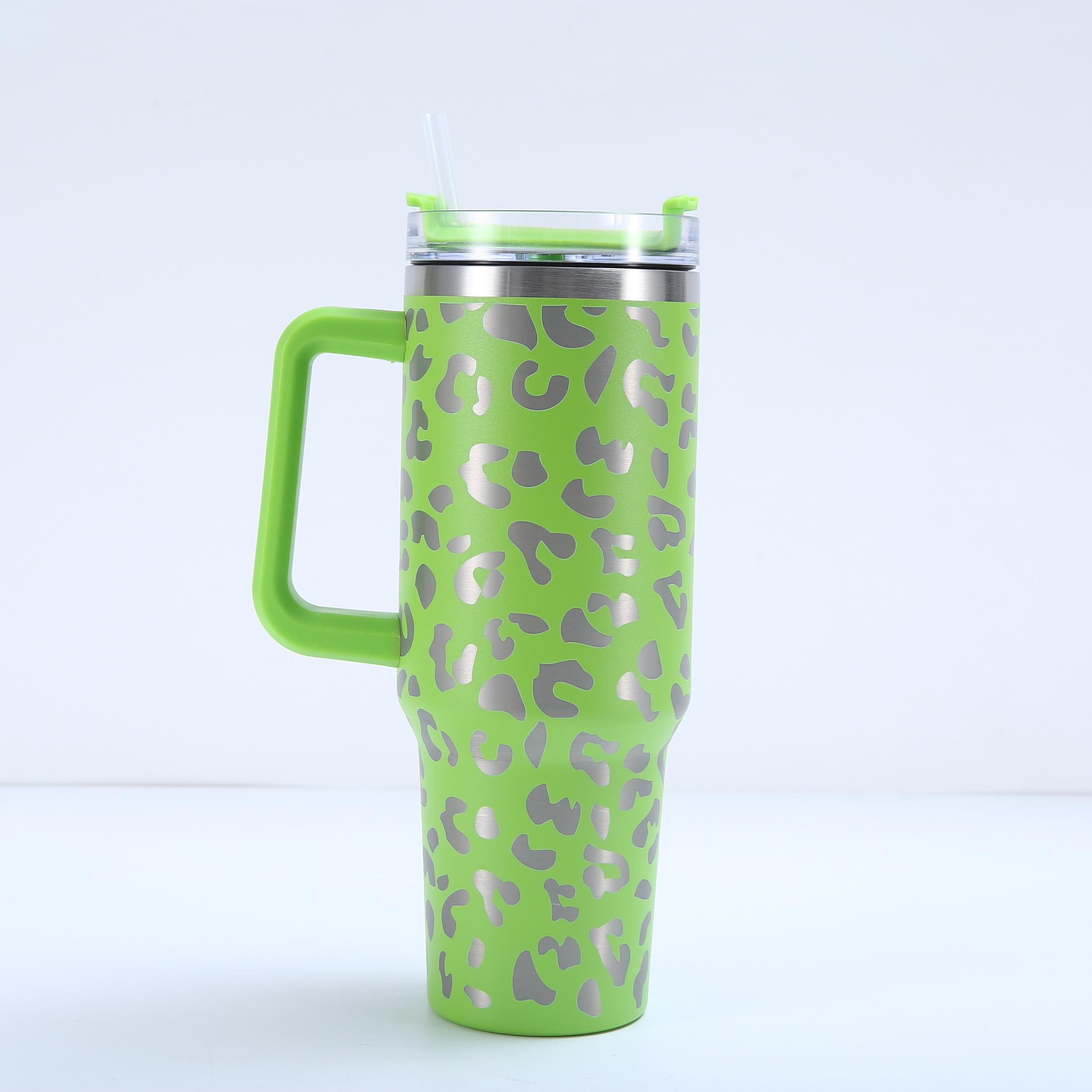40oz Leopard Print Car Cup Handle Straw Cup Vacuum Tumbler
