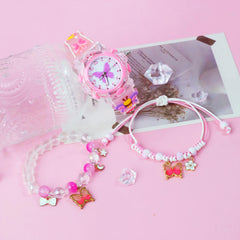 3pcs Girls' Pink & Clear Quartz Watch & Jewelry Set, Heart & Butterfly Bracelets