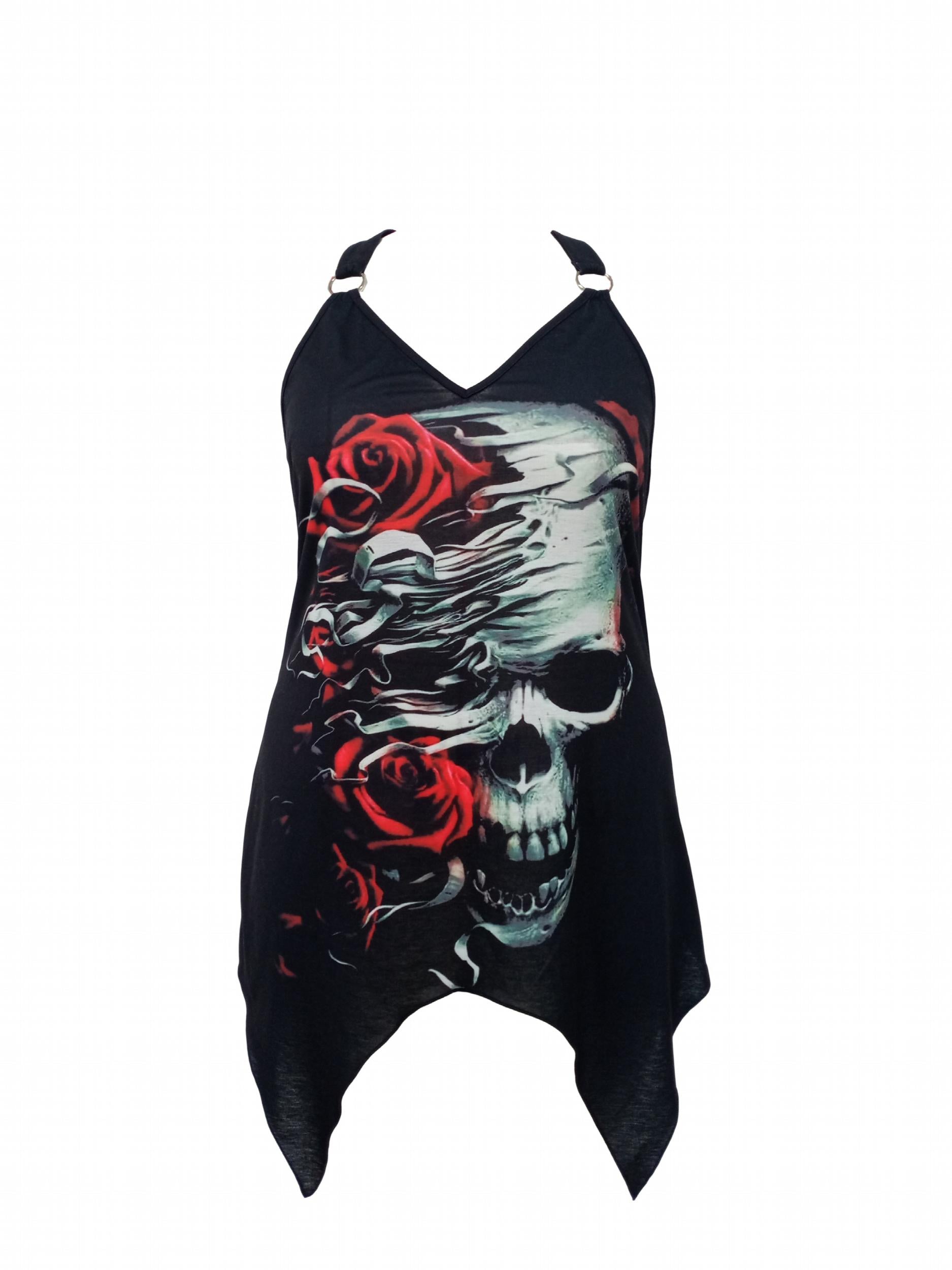 Gothic Cami Tops Women's Plus Skull & Rose Print Cami Tops