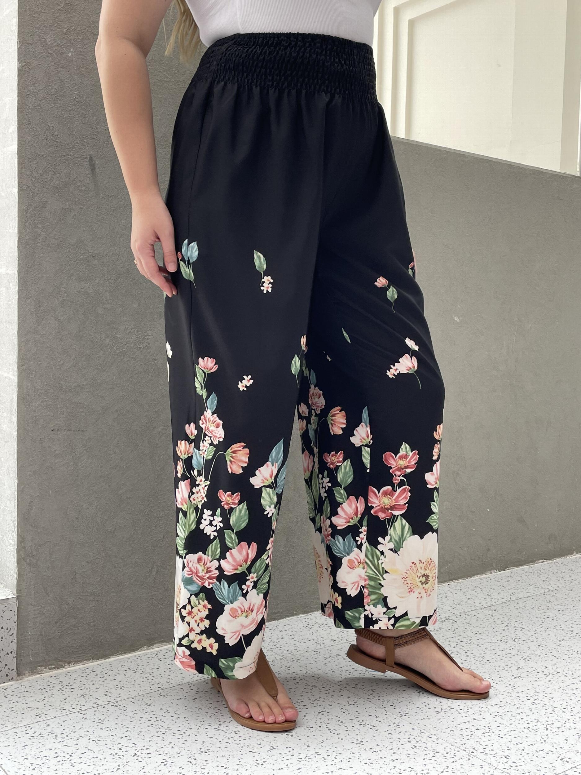 Floral Print Shirred Waist High Rise Wide Leg Trousers