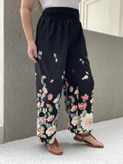 Floral Print Shirred Waist High Rise Wide Leg Trousers