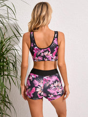 Floral Leaf Print V Neck 2 Piece Tankini Push Up Swimwear
