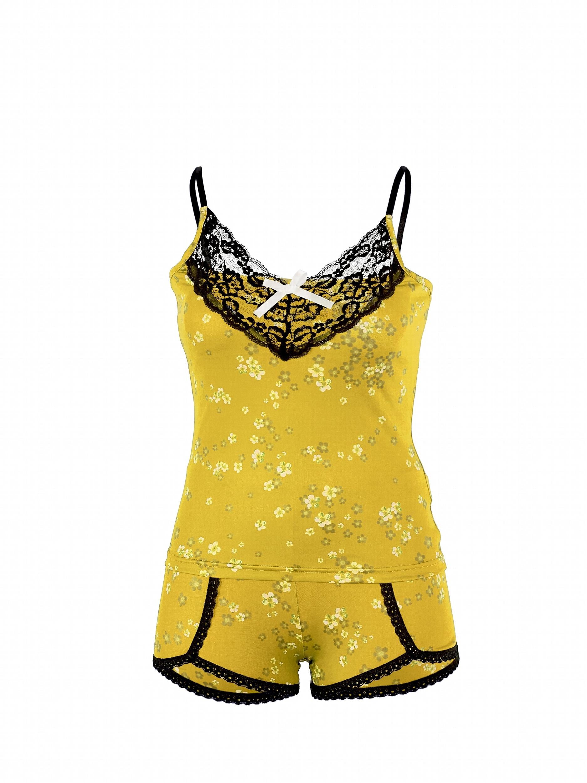 Floral Print Pajama Set Lace Stitching Cami Top & Shorts