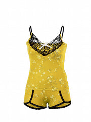 Floral Print Pajama Set Lace Stitching Cami Top & Shorts