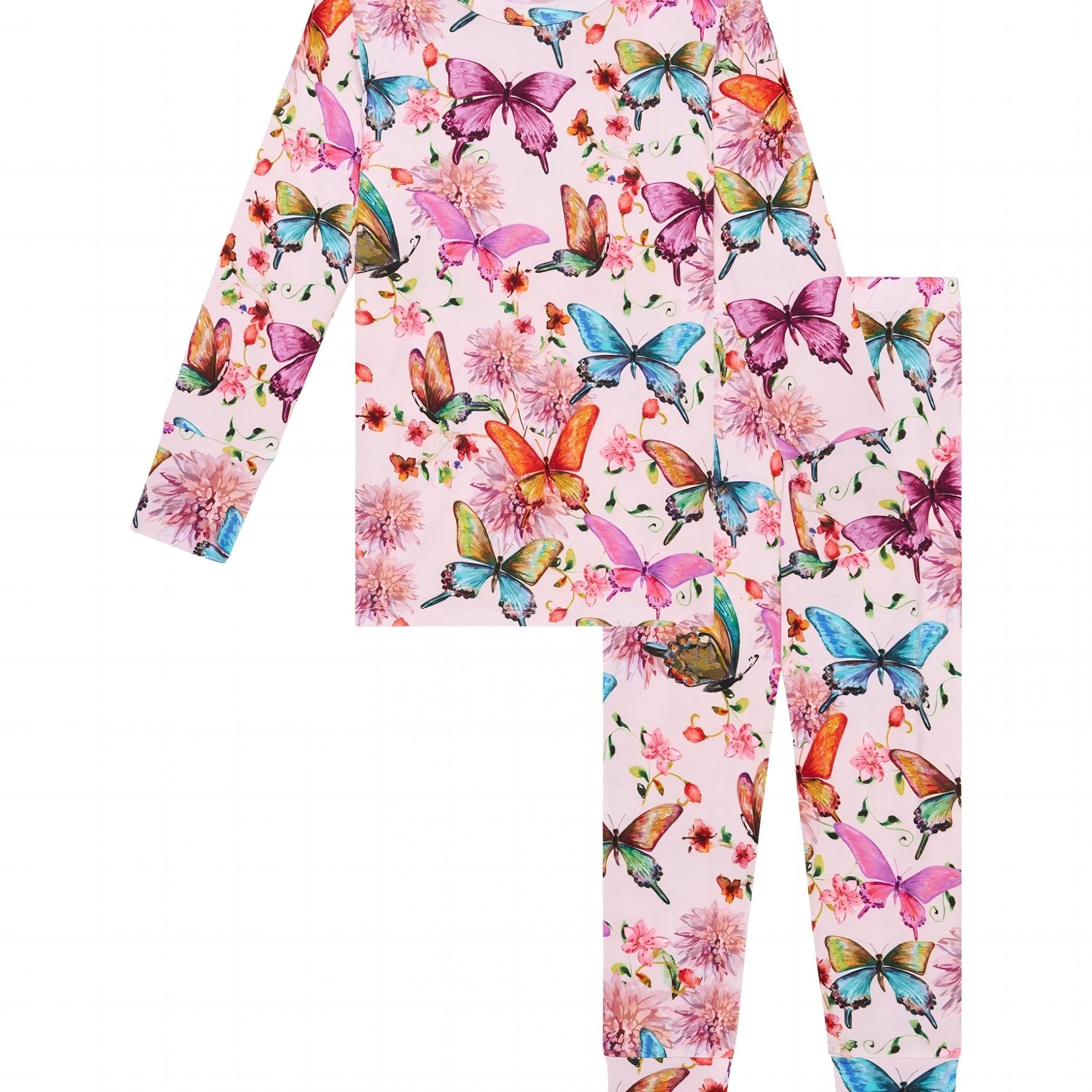 Girl's Butterfly Allover Print Pajama Set, Long Sleeve Top & Pants