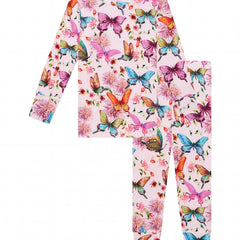 Girl's Butterfly Allover Print Pajama Set, Long Sleeve Top & Pants