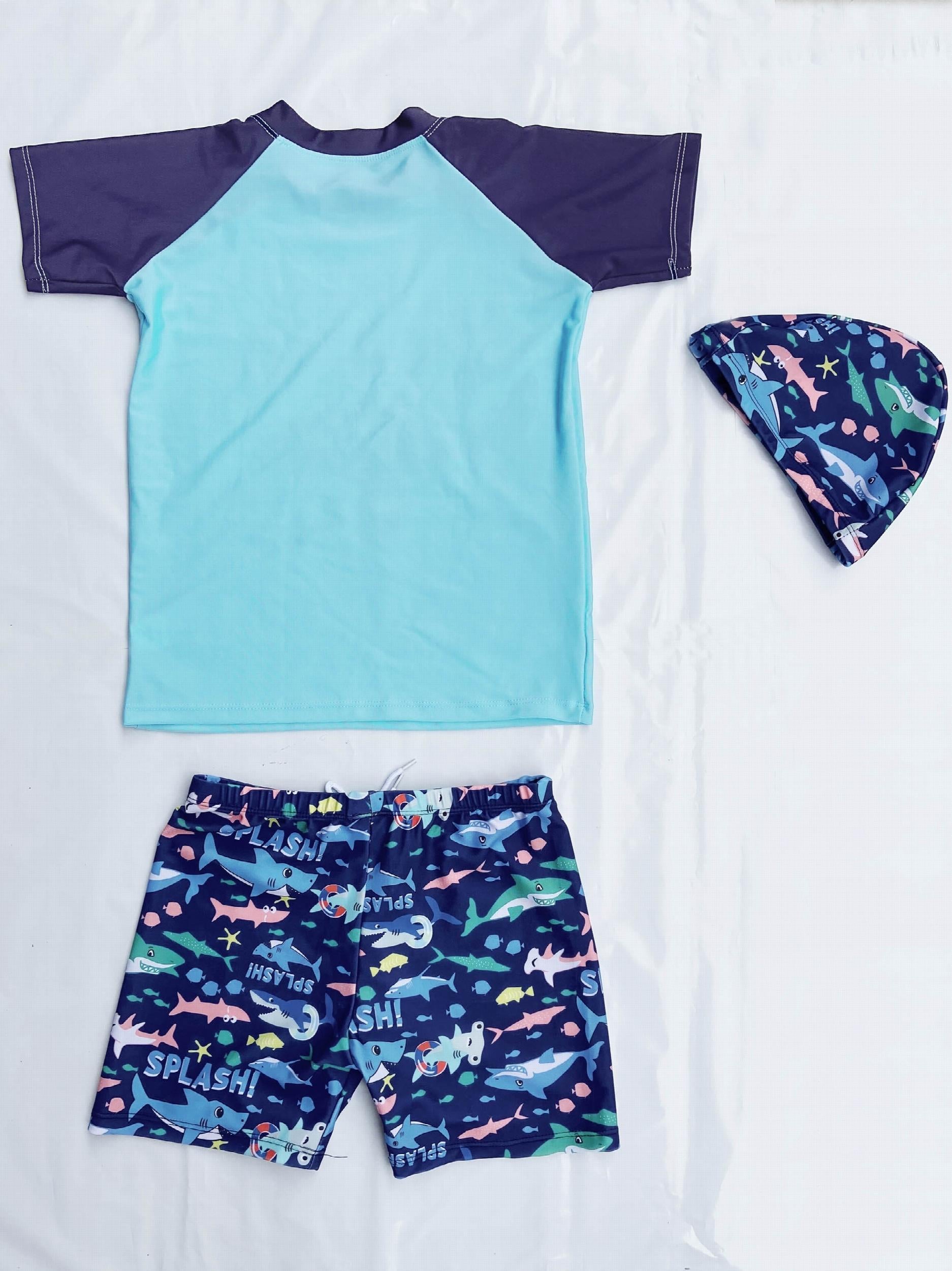 Boys Shark Swim Set - Trunks, Top & Cap - Beach Vacation Clothes