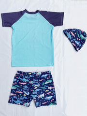 Boys Shark Swim Set - Trunks, Top & Cap - Beach Vacation Clothes