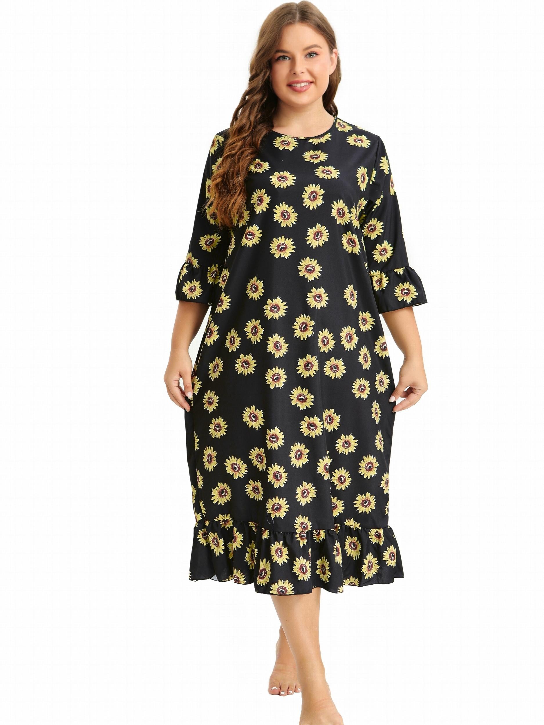 Sunflower Print Ruffle Trim Sleep Dress
