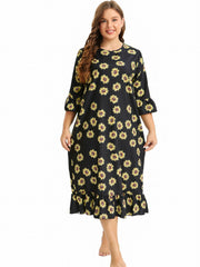 Sunflower Print Ruffle Trim Sleep Dress