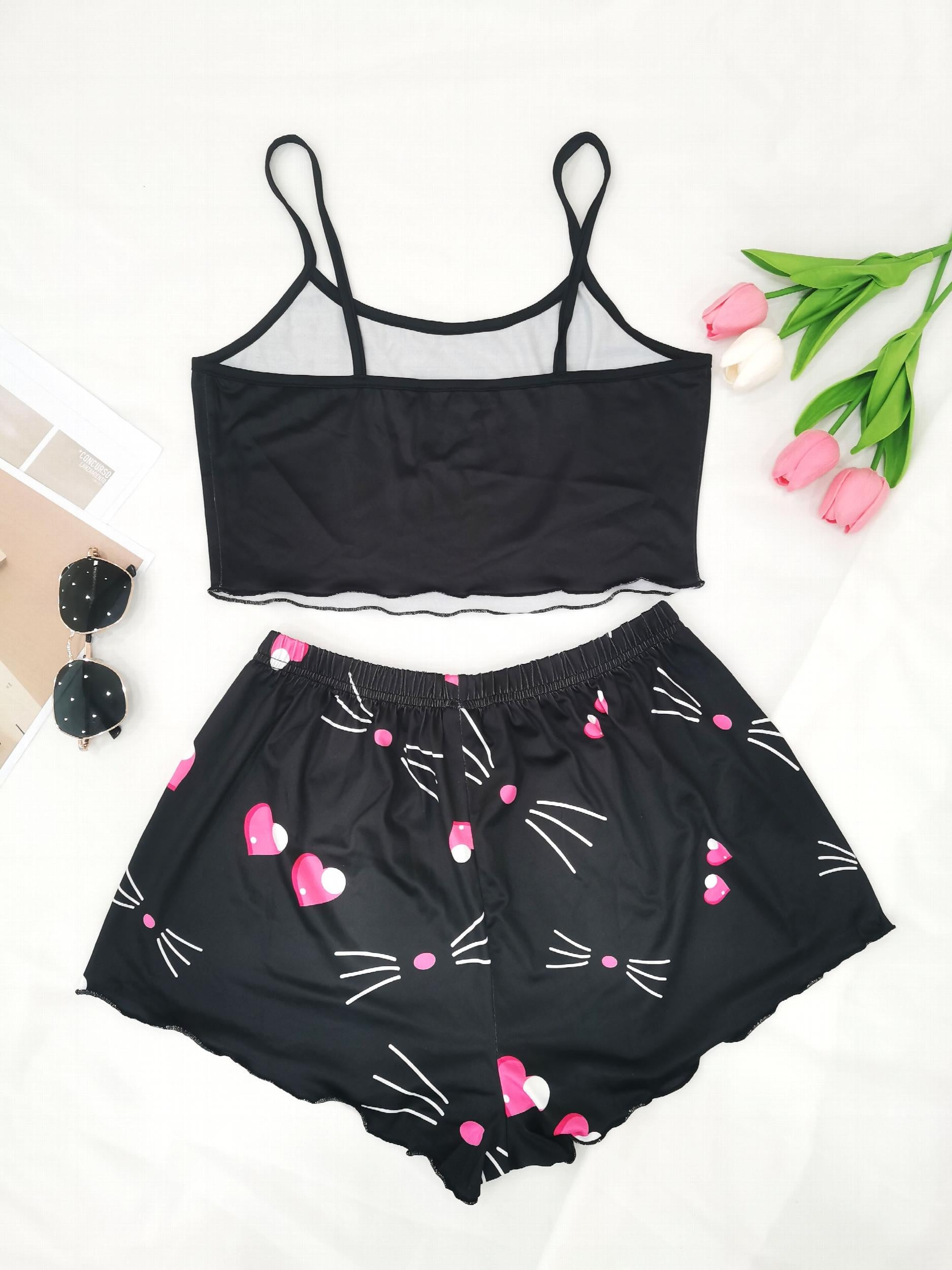 Cat Print Pajama Set Cami Top & Shorts