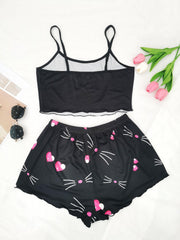 Cat Print Pajama Set Cami Top & Shorts