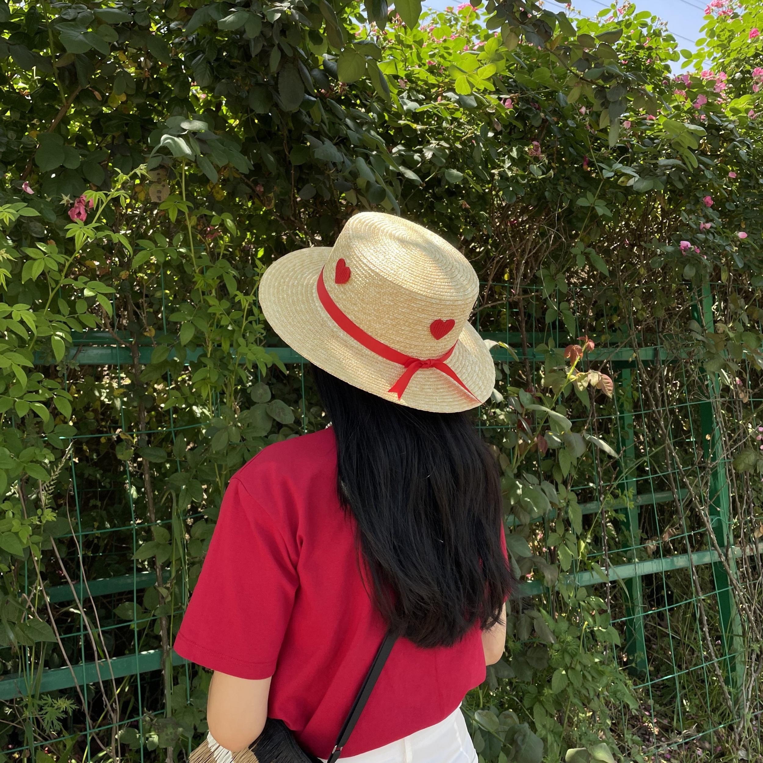 Heart Ribbon Decor Hat Flat Top Jazz Straw Hat UV Protection Summer Travel Beach