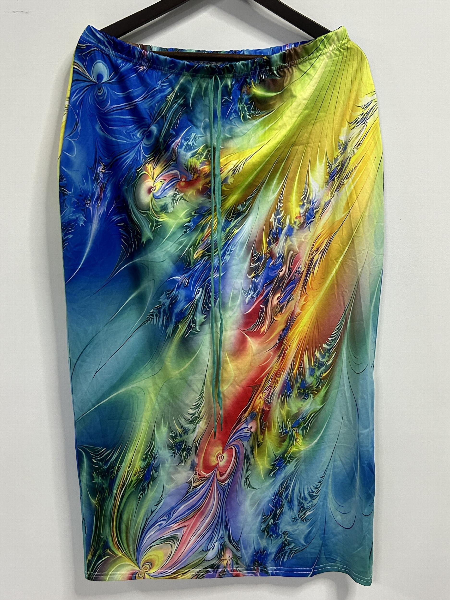 One Shoulder Batwing Sleeve Top & Printed Skirt Set