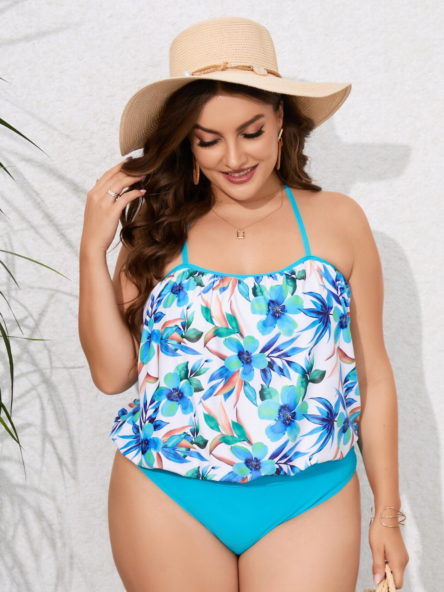 Tankini Set Women's Floral Print Halter Cami Top & Solid Bottom