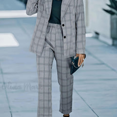 Plaid Print Blazer & Pants Suit Set