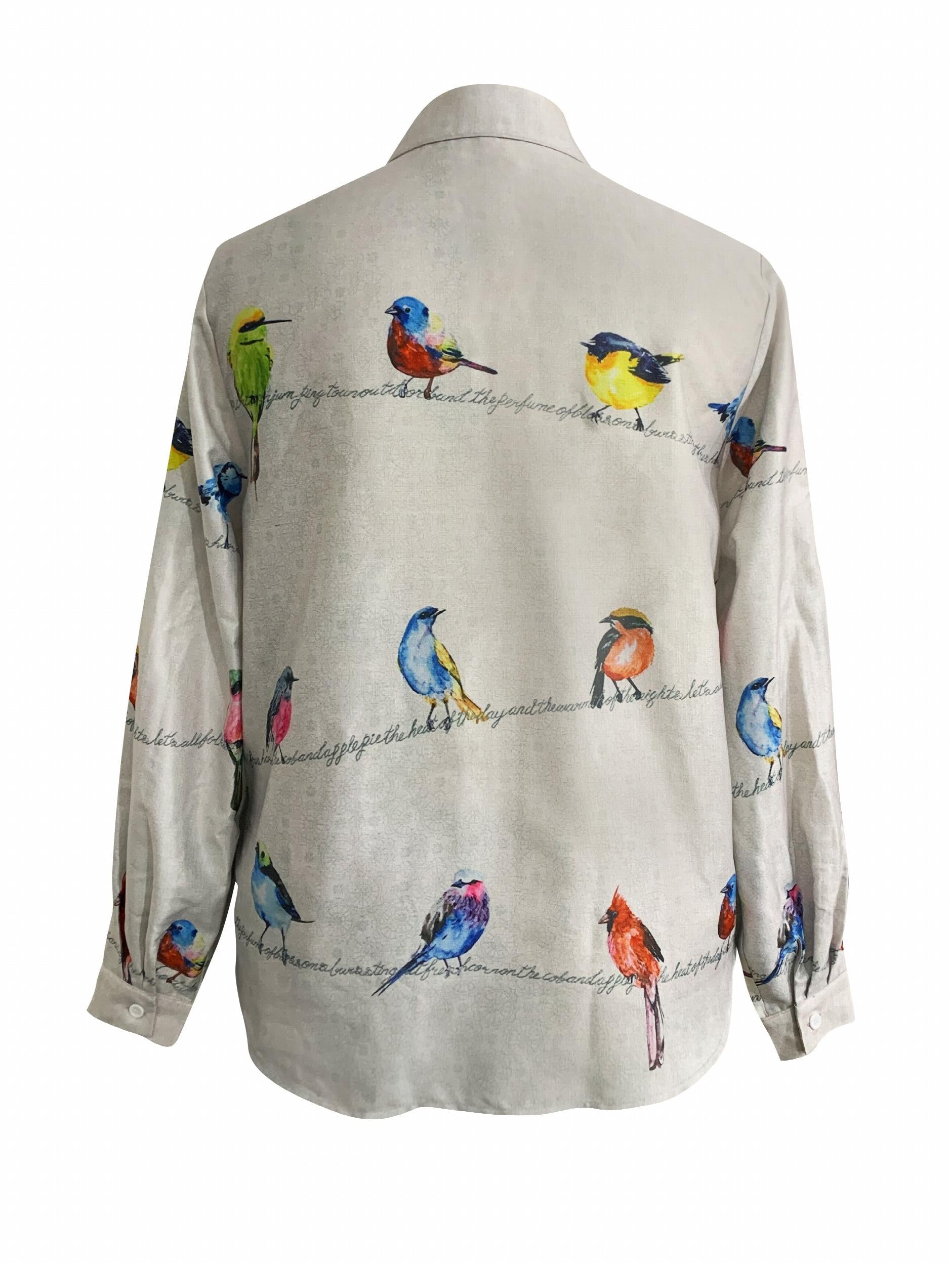 Bird Print Plus Size Long Sleeve Blouse