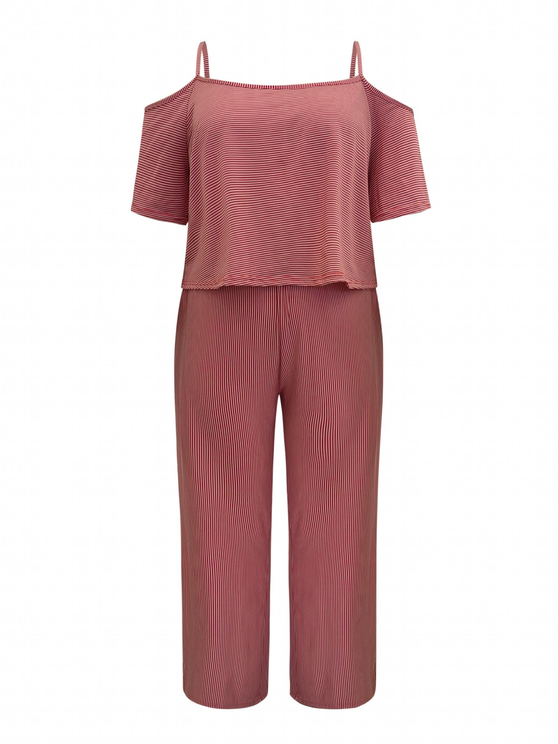 Stripe Print Cold Shoulder Top & Wide Leg Pants 2 Piece Set
