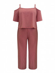 Stripe Print Cold Shoulder Top & Wide Leg Pants 2 Piece Set