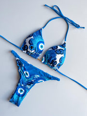 Tropical Print Bikini Set Halter V Neck High Cut Thong 2 Piece Swimwear