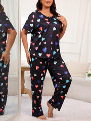Heart Print Pajamas Set Short Sleeve Tee & Pants Loungewear
