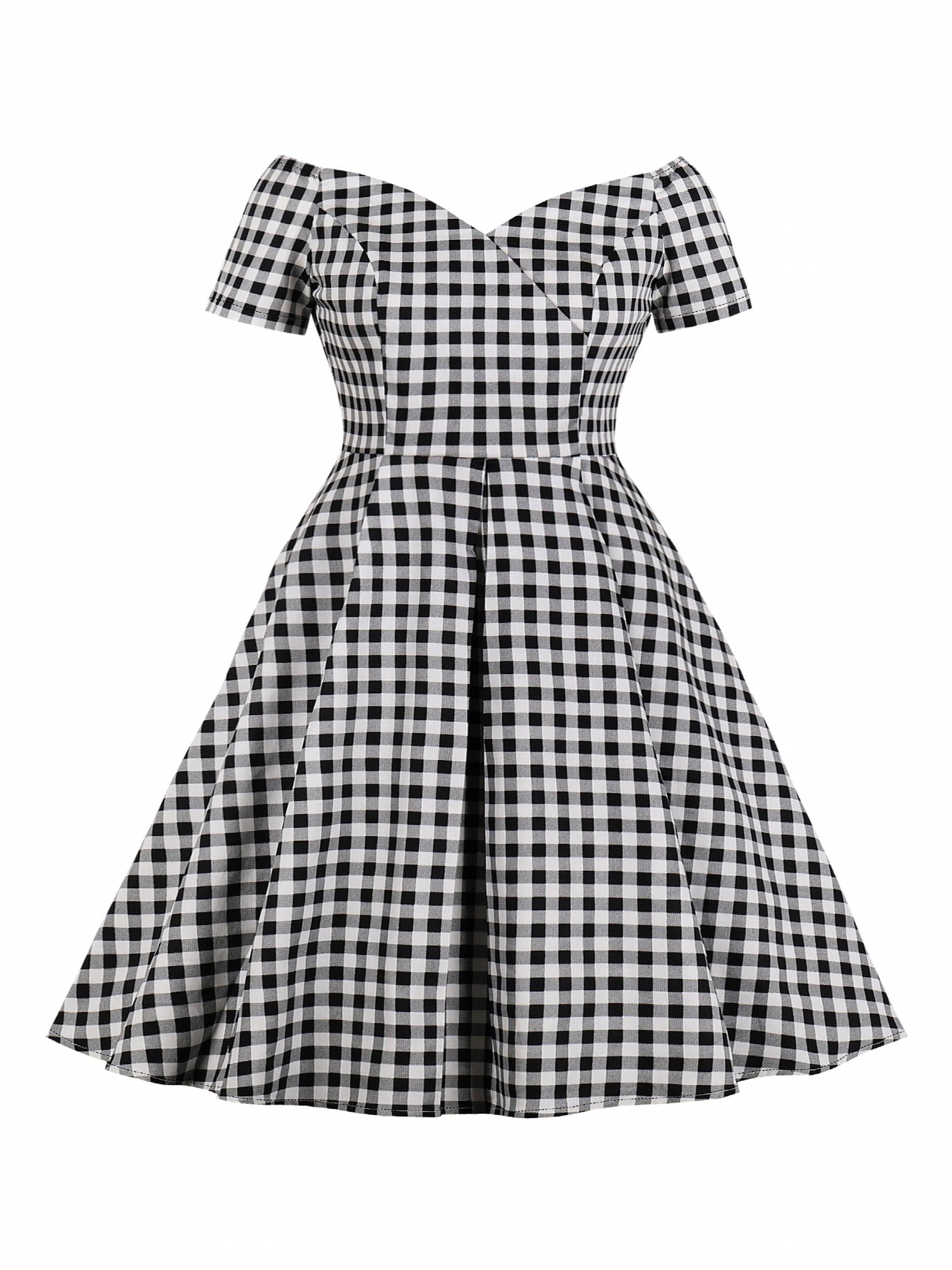 Gingham Print V-Neck A-Line Dress
