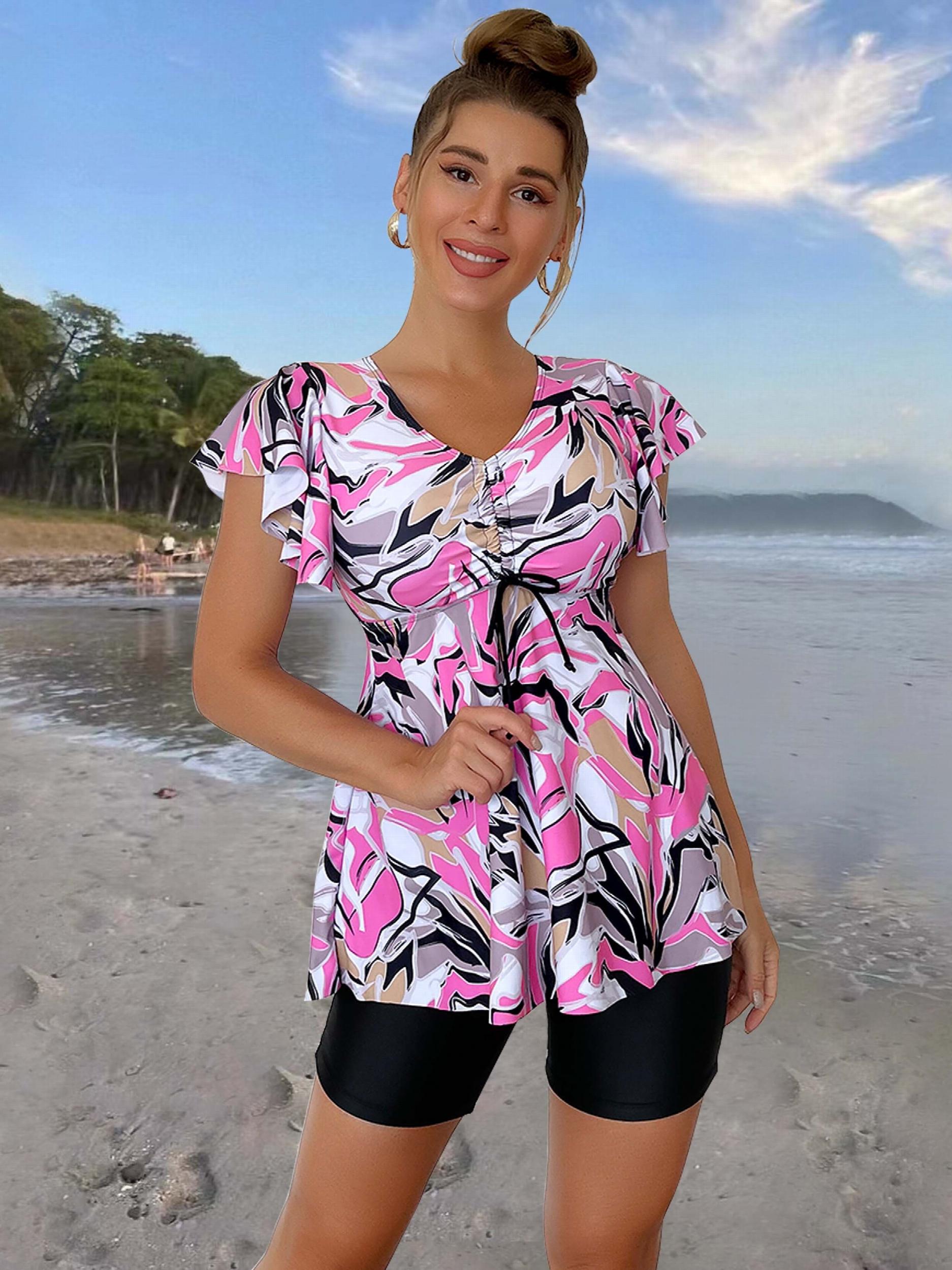 V Neck Tankini Set Peplum Boxer Short Bottom Swimsuit