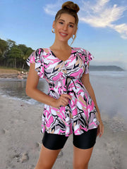 V Neck Tankini Set Peplum Boxer Short Bottom Swimsuit