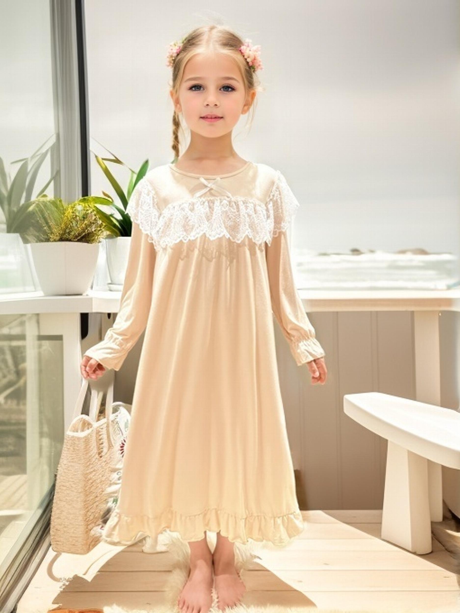 Girls Nightdress Long Sleeve Princess Dress Lace Bow Pajamas
