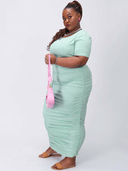 Maxi Dress Solid Short Sleeve Round Neck Ruched High Stretch